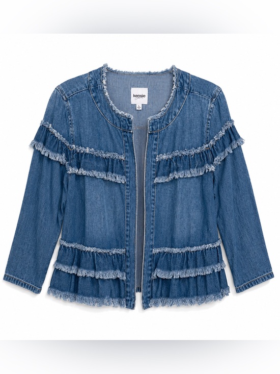 Kensie Jackets & Blazers - Kensie Jean Frayed Ruffle Denim Jacket Boho Western Layering Piece Size L